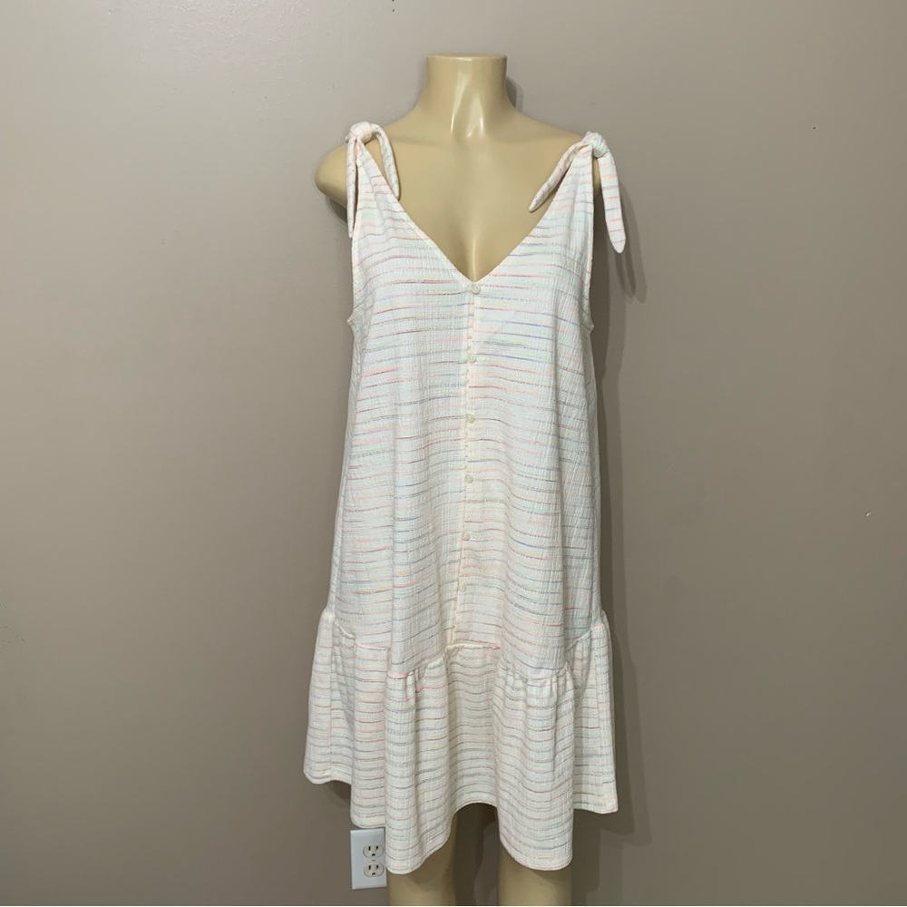 Loft Ann Taylor Bow Strap Cream Multicolor Button Flounce Dress Sz Medium